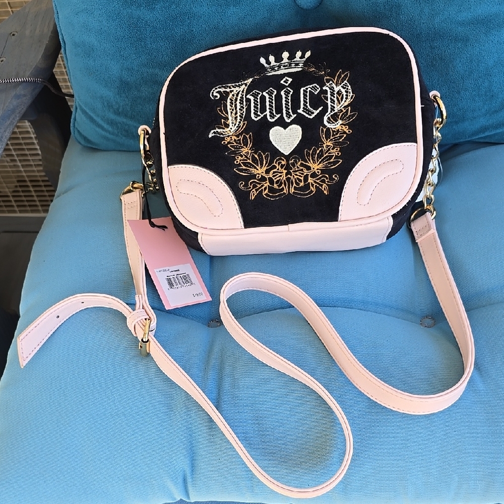 NWT Juicy Couture Pink and Black Plush Crossbody Bag w Gold Accents.